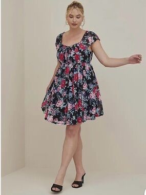 NWOT 3x Floral Babydoll Mini Dress in Black with Pink & Blue Roses